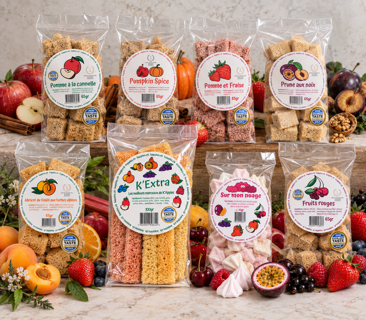 K'Apples kits, assortment of pouches